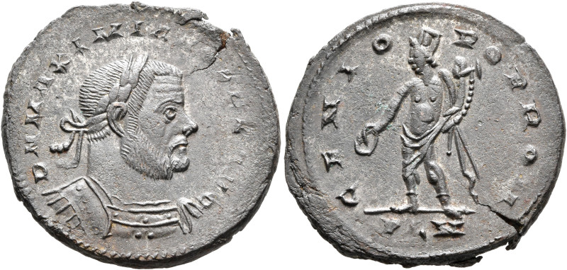 Maximianus, second reign, 307-308. Follis (Silvered bronze, 28 mm, 8.58 g, 6 h),...