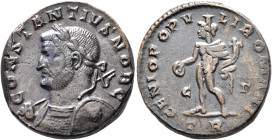 Constantius I, as Caesar, 293-305. Follis (Silvered bronze, 24 mm, 12.00 g, 12 h), Treveri, circa 296-297. CONSTANTIVS NOB C Laureate and cuirassed bu...