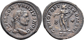 Constantius I, 305-306. Follis (Bronze, 28 mm, 11.05 g, 12 h), Treveri, circa 298-299. FL VAL CONSTANTIVS NOB C Laureate head of Constantius I to righ...