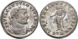 Constantius I, as Caesar, 293-305. Follis (Silvered bronze, 27 mm, 10.12 g, 6 h), Treveri, circa 300-301. FL VAL CONSTANTIVS NOB C Laureate and cuiras...