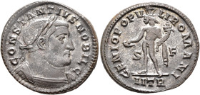 Constantius I, as Caesar, 293-305. Follis (Silvered bronze, 27 mm, 10.21 g, 6 h), Treveri, circa 302-303. CONSTANTIVS NOBIL C Laureate and cuirassed b...