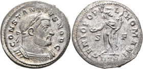 Constantius I, as Caesar, 293-305. Follis (Silvered bronze, 29 mm, 11.14 g, 6 h), Treveri, circa 302-303. CONSTANTIVS NOB C Laureate and cuirassed bus...