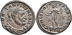 Constantius I, as Caesar, 293-305. Follis (Silvered bronze, 27 mm, 9.75 g, 6 h), Treveri, circa 303-1 May 305. CONSTANTIVS NOBIL C Laureate, draped an...