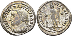 Constantius I, 305-306. Follis (Silvered bronze, 28 mm, 8.23 g, 5 h), Lugdunum, 1 May 305-early 307. IMP CONSTANTIVS AVG Laureate and cuirassed bust o...