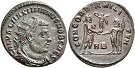 Galerius, as Caesar, 293-305. Radiate Fraction (Silvered bronze, 20 mm, 3.67 g, 6 h), Heraclea, circa 295-296. GAL VAL MAXIMIANVS NOB CAES Radiate, dr...