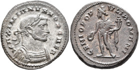 Galerius, as Caesar, 293-305. Follis (Silvered bronze, 26 mm, 9.44 g, 6 h), Londinium, circa 296-303. MAXIMIANVS NOB CAES Laureate and cuirassed bust ...
