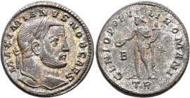 Galerius, as Caesar, 293-305. Follis (Silvered bronze, 27 mm, 12.22 g, 12 h), Treveri, circa 298-299. MAXIMIANVS NOB CAES Laureate head of Galerius to...