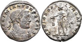 Galerius, as Caesar, 293-305. Follis (Silvered bronze, 26 mm, 8.53 g, 6 h), Treveri, circa 298-299. MAXIMIANVS NOB CAES Laureate and cuirassed bust of...
