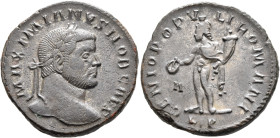 Galerius, as Caesar, 293-305. Follis (Silvered bronze, 26 mm, 8.76 g, 6 h), Lugdunum, circa 298. MAXIMIANVS NOB CAES Laureate head of Galerius to righ...