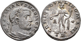 Galerius, as Caesar, 293-305. Follis (Silvered bronze, 26 mm, 8.32 g, 6 h), Treveri, circa 298-299. MAXIMIANVS NOBIL CAES Laureate head of Galerius to...