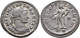 Galerius, as Caesar, 293-305. Follis (Silvered bronze, 27 mm, 11.15 g, 6 h), Treveri, circa 298-299. MAXIMIANVS NOB CAES Laureate and cuirassed bust o...