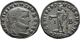 Galerius, as Caesar, 293-305. Follis (Bronze, 27 mm, 7.93 g, 12 h), Siscia, circa 300. MAXIMIANVS NOB CAES Laureate head of Galerius to right. Rev. GE...