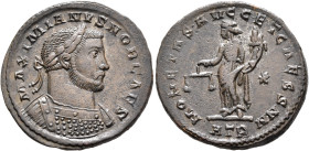 Galerius, as Caesar, 293-305. Follis (Bronze, 27 mm, 9.14 g, 12 h), Treveri, circa 300-301. MAXIMIANVS NOB CAES Laureate and cuirassed bust of Galeriu...