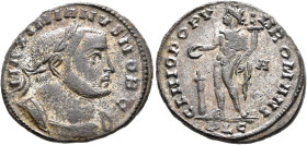 Galerius, as Caesar, 293-305. Follis (Silvered bronze, 28 mm, 10.35 g, 12 h), Lugdunum, circa 301-303. MAXIMIANVS NOB C Laureate and cuirassed bust of...
