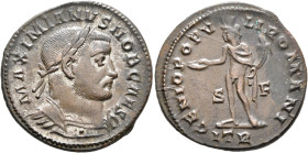 Galerius, as Caesar, 293-305. Follis (Silvered bronze, 27 mm, 8.67 g, 6 h), Treveri, circa 302-303. MAXIMIANVS NOB CAES Laureate and cuirassed bust of...