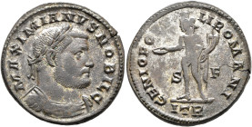 Galerius, as Caesar, 293-305. Follis (Silvered bronze, 27 mm, 8.80 g, 6 h), Treveri, circa 302-303. MAXIMIANVS NOBIL C Laureate and cuirassed bust of ...