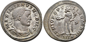 Galerius, as Caesar, 293-305. Follis (Silvered bronze, 23 mm, 12.00 g, 6 h), Treveri, circa 302-303. MAXIMIANVS NOBIL C Laureate, draped and cuirassed...