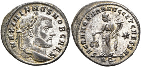 Galerius, as Caesar, 293-305. Follis (Silvered bronze, 29 mm, 8.87 g, 5 h), Rome, circa 302-303. MAXIMIANVS NOB CAES Laureate head of Galerius to righ...