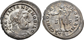 Galerius, as Caesar, 293-305. Follis (Silvered bronze, 29 mm, 9.42 g, 6 h), Treveri, circa 302-303. MAXIMIANVS NOBIL C Laureate, draped and cuirassed ...