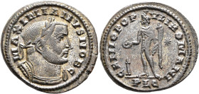 Galerius, as Caesar, 293-305. Follis (Silvered bronze, 29 mm, 11.87 g, 11 h), Lugdunum, circa 303-305. MAXIMIANVS NOB C Laureate and cuirassed bust of...