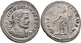 Galerius, 305-311. Follis (Silvered bronze, 28 mm, 9.44 g, 6 h), Londinium, 1 May 305-Spring 307. IMP C MAXIMIANVS P F AVG Laureate and cuirassed bust...