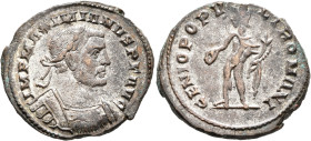 Galerius, 305-311. Follis (Silvered bronze, 28 mm, 10.29 g, 6 h), Londinium, 1 May 305-Spring 307. IMP MAXIMIANVS P F AVG Laureate and cuirassed bust ...