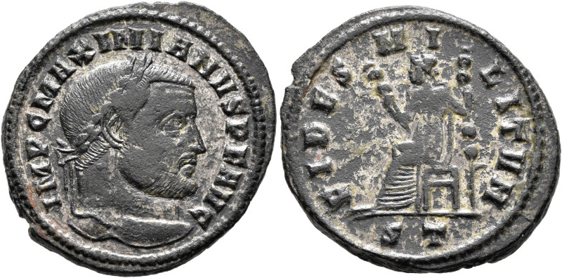 Galerius, 305-311. Follis (Silvered bronze, 29 mm, 9.34 g, 6 h), Ticinum, circa ...