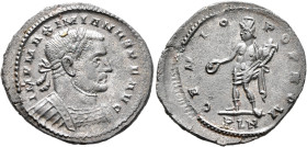Galerius, 305-311. Follis (Silvered bronze, 28 mm, 7.09 g, 7 h), Londinium, circa May-end of November 307. IMP MAXIMIANVS P F AVG Laureate and cuirass...