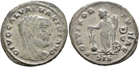 Divus Galerius, died 311. Follis (Bronze, 25 mm, 4.44 g, 1 h), Siscia, struck under Licinius I, circa mid 312. DIVO GAL VAL MAXIMIANO Veiled head of D...