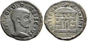 Divus Romulus, died 309. 1/4 Follis (Bronze, 16 mm, 2.00 g, 6 h), circa 310-311. DIVO ROMVLO N V BIS CONS Bare head of Divus Romulus to right. Rev. AE...