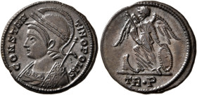 Commemorative Series, 330-354. Follis (Bronze, 17 mm, 2.53 g, 5 h), Treveri, struck under Constantine I, 332-333. CONSTANTINOPOLIS Helmeted, laureate ...