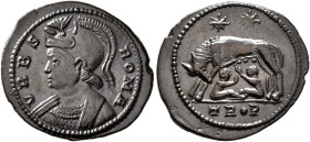 Commemorative Series, 330-354. Follis (Bronze, 20 mm, 2.42 g, 6 h), Treveri, struck under Constantine I, 332-333. VRBS ROMA Helmeted and mantled bust ...