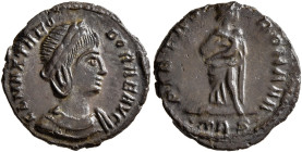 Theodora, died before 337. Follis (Bronze, 15 mm, 1.82 g, 6 h), Treveri, September 337-spring 340. FL MAX THEODORAE AVG Laureate and draped bust of Th...