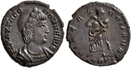 Theodora, died before 337. Follis (Bronze, 16 mm, 2.00 g, 12 h), Treveri, September 337-spring 340. FL MAX THEODORAE AVG Laureate and draped bust of T...