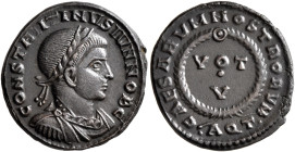 Constantine II, as Caesar, 316-337. Follis (Bronze, 17 mm, 3.18 g, 6 h), Aquileia, 321. CONSTANTINVS IVN NOB C Laureate, draped and cuirassed bust of ...
