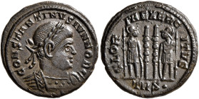 Constantine II, as Caesar, 316-337. Follis (Bronze, 16 mm, 2.99 g, 12 h), Treveri, 330-331. CONSTANTINVS IVN NOB C Laureate and cuirassed bust of Cons...