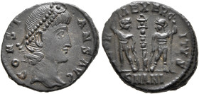 Constans, 337-350. Follis (Bronze, 15 mm, 1.67 g, 12 h), Antioch, 337-347. CONSTANS AVG Pearl-diademed head of Constans to right. Rev. GLORIA EXERCITV...