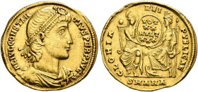 Constantius II, 337-361. Solidus (Gold, 21 mm, 4.35 g, 6 h), Antiochia, 347-355. FL IVL CONSTAN-TIVS PERP AVG Pearl-diademed, draped and cuirassed bus...