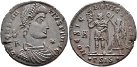 Constantius II, 337-361. Maiorina (Bronze, 23 mm, 5.45 g, 12 h), Siscia, 350. D N CONSTANTIVS P F AVG Laureate, draped and cuirassed bust of Constanti...