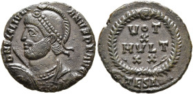 Julian II, 360-363. Follis (Bronze, 18 mm, 2.90 g, 4 h), Thessalonica, 361-363. D N FL CL IVLI-ANVS P F AVG Pearl-diademed, cuirassed and helmeted bus...