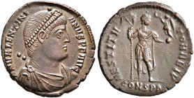 Valentinian I, 364-375. Follis (Bronze, 18 mm, 2.40 g, 6 h), Constantinopolis, 364-367. D N VALENTINI-ANVS P F AVG Pearl-diademed, draped and cuirasse...