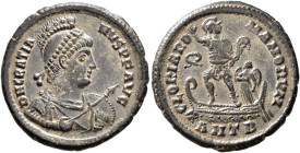 Gratian, 367-383. Maiorina (Bronze, 23 mm, 5.27 g, 4 h), Antiochia, 378-383. D N GRATIA-NVS P F AVG Helmeted, diademed, draped and cuirassed bust of G...