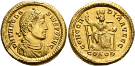 Theodosius I, 379-395. Solidus (Gold, 21 mm, 4.44 g, 6 h), Constantinopolis, 380-382. D N THEODO-SIVS P F AVG Pearl-diademed, draped and cuirassed bus...