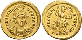 Arcadius, 383-408. Solidus (Gold, 20 mm, 4.44 g, 6 h), Constantinopolis, 395-402. D N ARCADI-VS P F AVG Helmeted, pearl-diademed and cuirassed bust of...