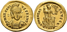 Arcadius, 383-408. Solidus (Gold, 20 mm, 4.50 g, 6 h), Constantinopolis, 397-402. D N ARCADIVS P F AVG Pearl-diademed, helmeted and cuirassed bust of ...