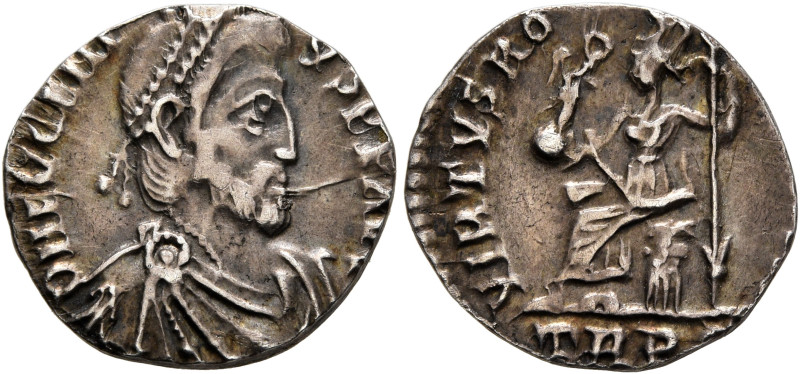 Eugenius, 392-394. Siliqua (Silver, 16 mm, 1.53 g, 6 h), Treveri. D N EVGENI-VS ...