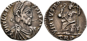 Eugenius, 392-394. Siliqua (Silver, 16 mm, 1.53 g, 6 h), Treveri. D N EVGENI-VS P F AVG Pearl-diademed, draped and cuirassed bust of Eugenius to right...