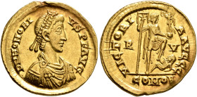 Honorius, 393-423. Solidus (Gold, 19 mm, 4.37 g, 6 h), Ravenna, 402-406. D N HONORI-VS P F AVG Pearl-diademed, draped and cuirassed bust of Honorius t...