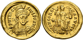 Theodosius II, 402-450. Solidus (Gold, 21 mm, 4.42 g, 6 h), Constantinopolis, 408-420. D N THEODO-SIVS P F AVG Helmeted, pearl-diademed and cuirassed ...