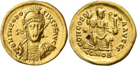 Theodosius II, 402-450. Solidus (Gold, 20 mm, 4.36 g, 6 h), Constantinopolis, 408-420. D N THEODO-SIVS P F AVG Helmeted, pearl-diademed and cuirassed ...